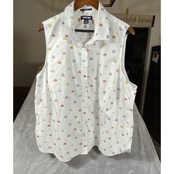 Lands End Women 22‎ Plus Top Sleeveless Collared White Happy Camper Print RV Fun - Picture 2 of 11